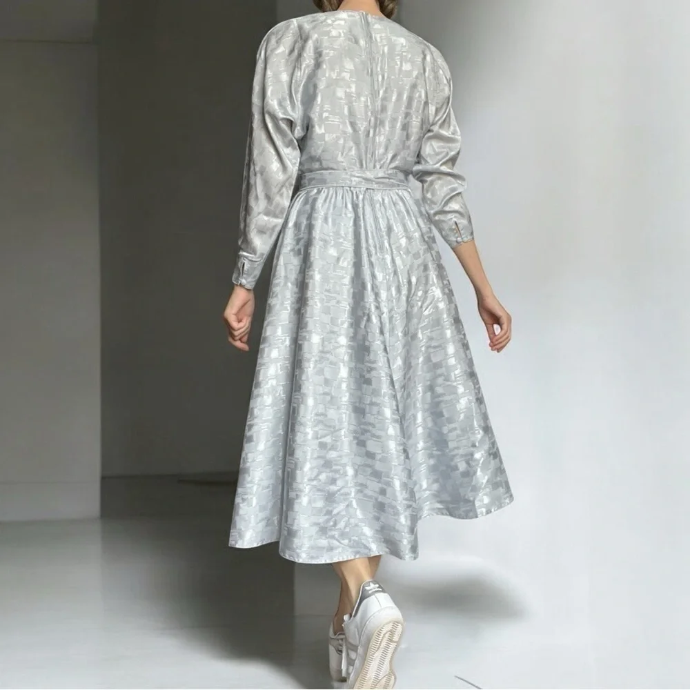 Vintage 80s Leslie Fay Jacquard Metallic Midi Dress Small - Picture 3 of 16